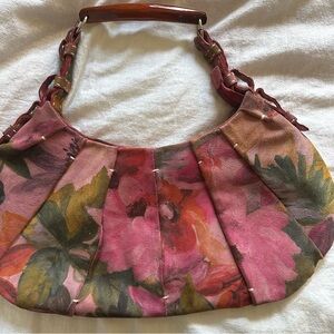 MARCO ANAINE Suede Leather y2k vintage Floral Shoulder Wood Handle Bag
